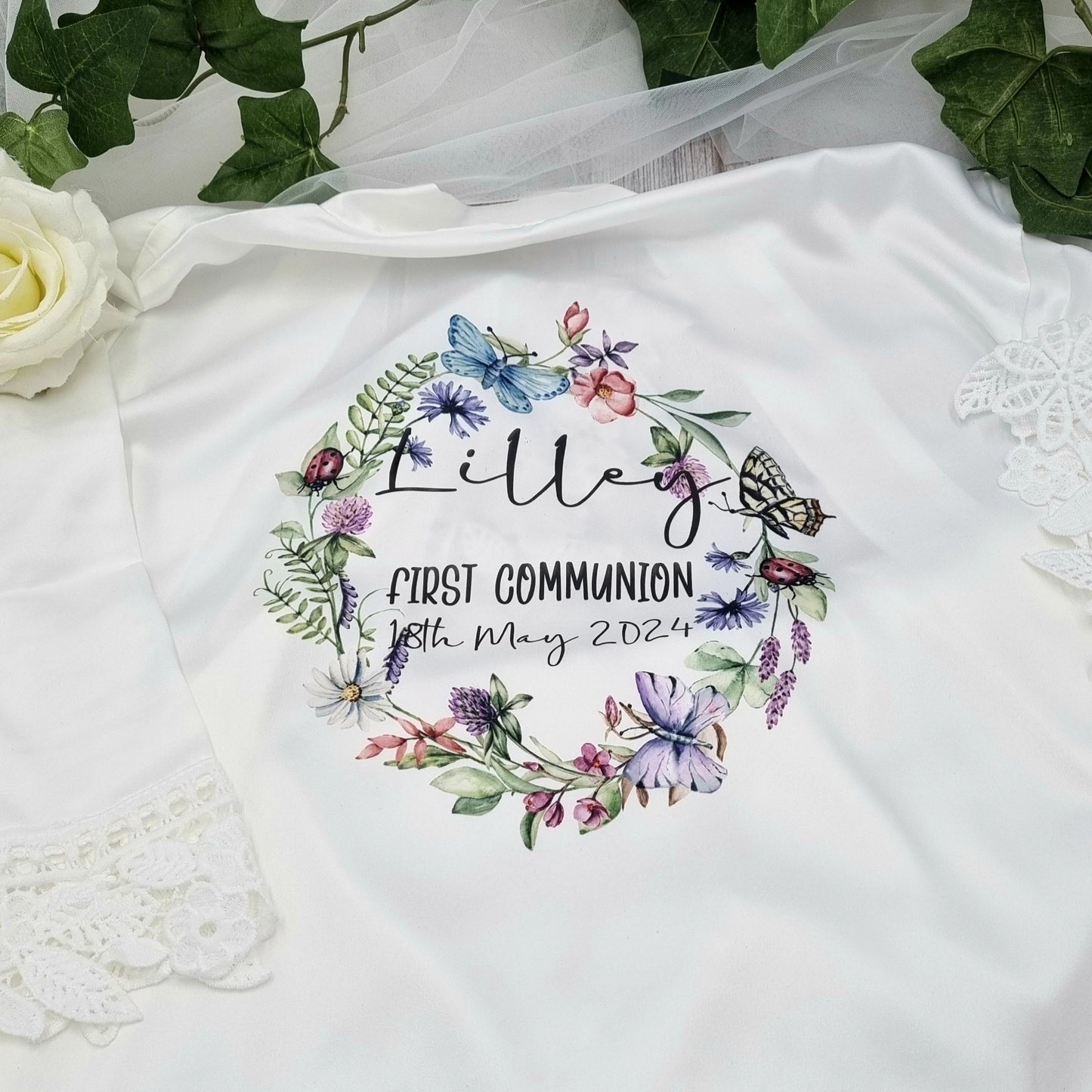 Personalised First Communion robe for girl with floral wreath design, child’s name and communion date, Irish made keepsake robe
