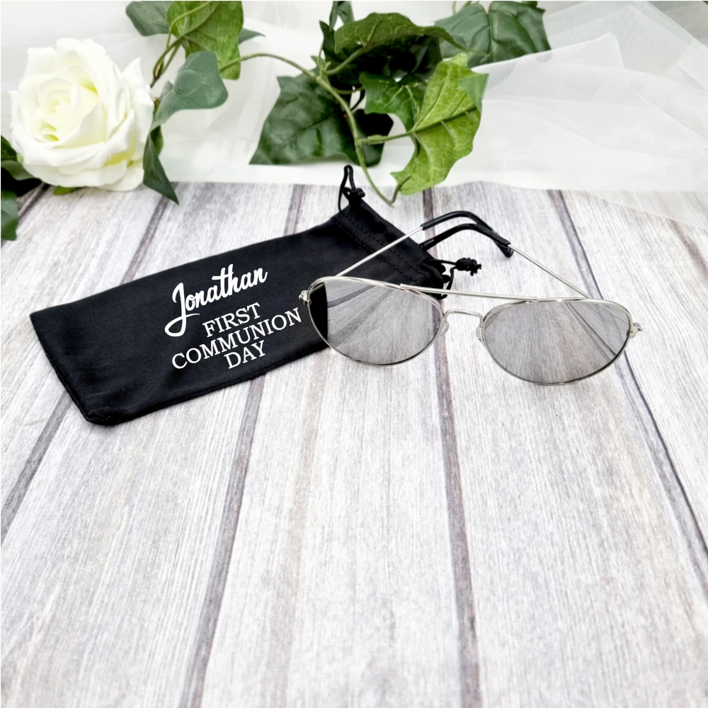 Personalised First Communion sunglasses with custom name case, Irish made Communion gift for boy