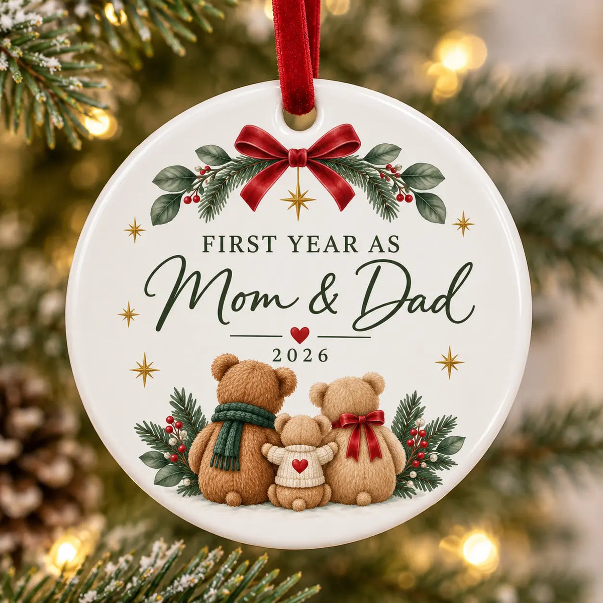 Personalised First Year as Mum and Dad ceramic Christmas decoration with bear family design and red velvet ribbon