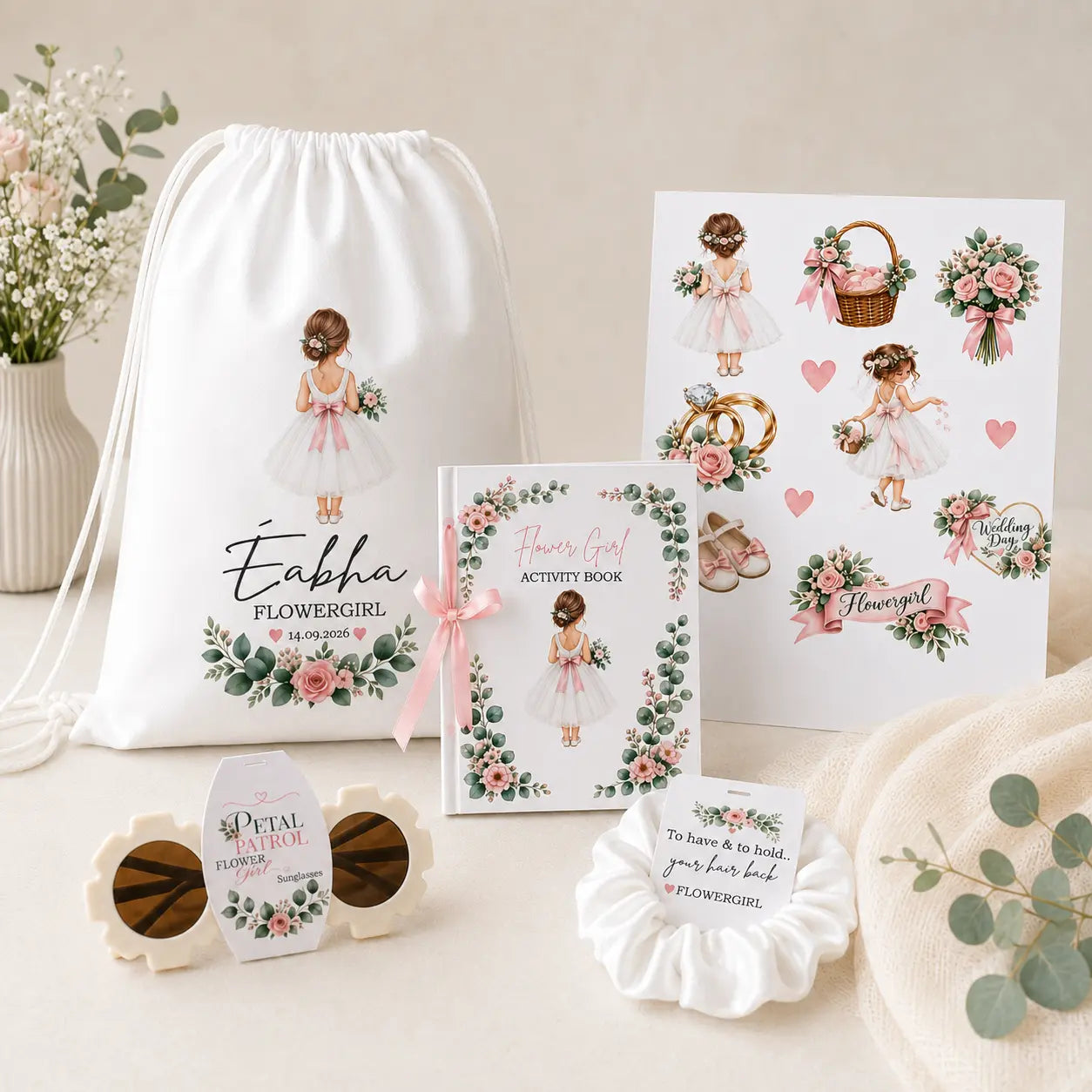 Personalised Flower Girl activity pack gift set with drawstring bag, activity book, crayons, sticker sheet, sunglasses and scrunchie