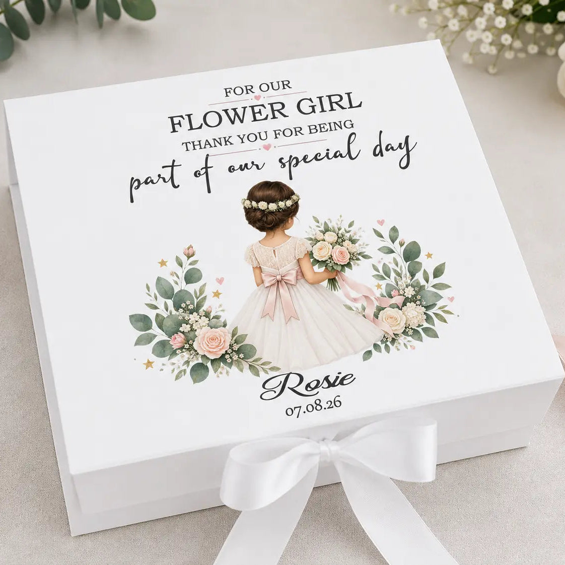 Personalised white Flower Girl gift box with child’s name, wedding date, pink floral design and Flower Girl illustration