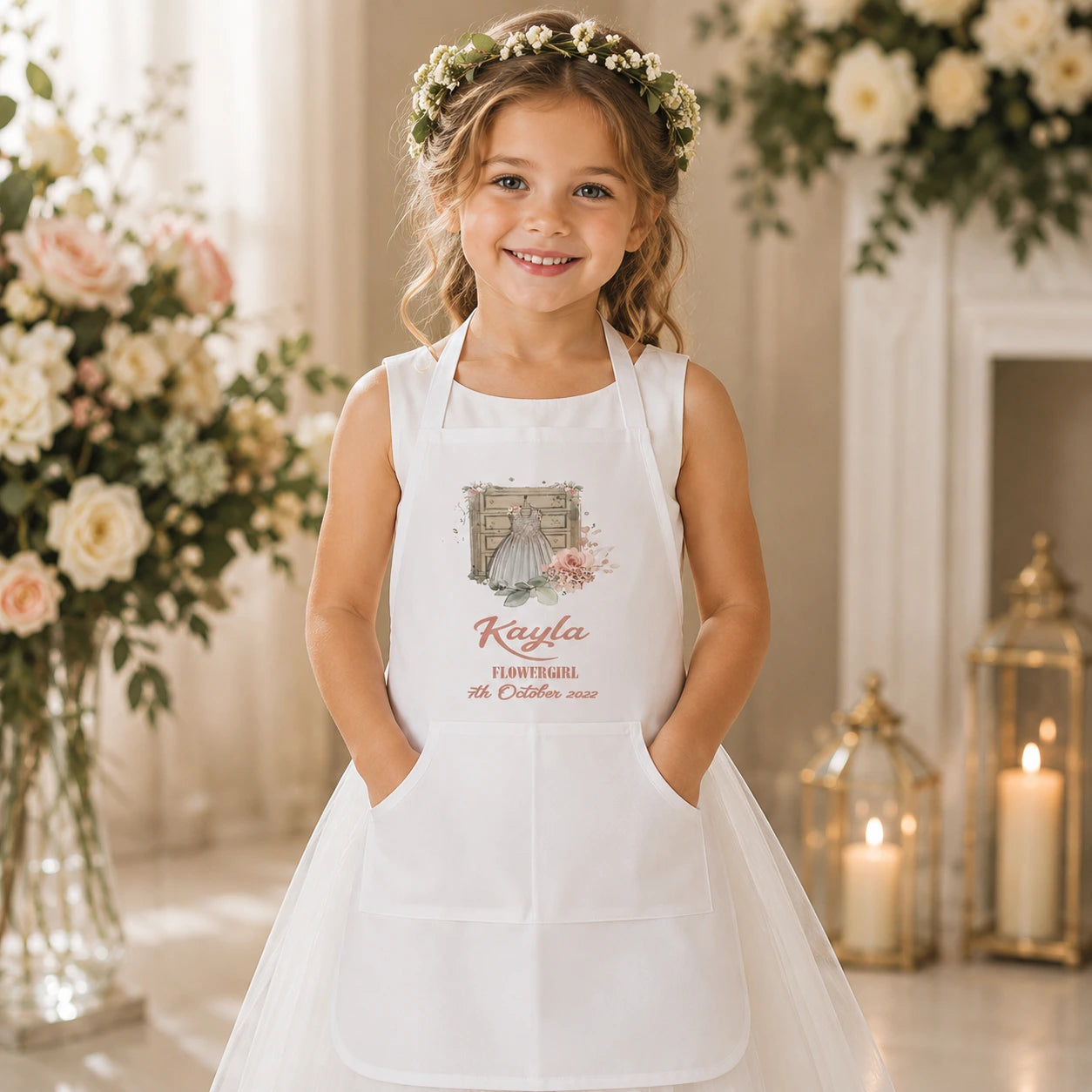 Young flower girl wearing a beautiful dress and a personalised white wedding apron with her name and wedding date, helping with wedding preparations while keeping her dress clean and protected.