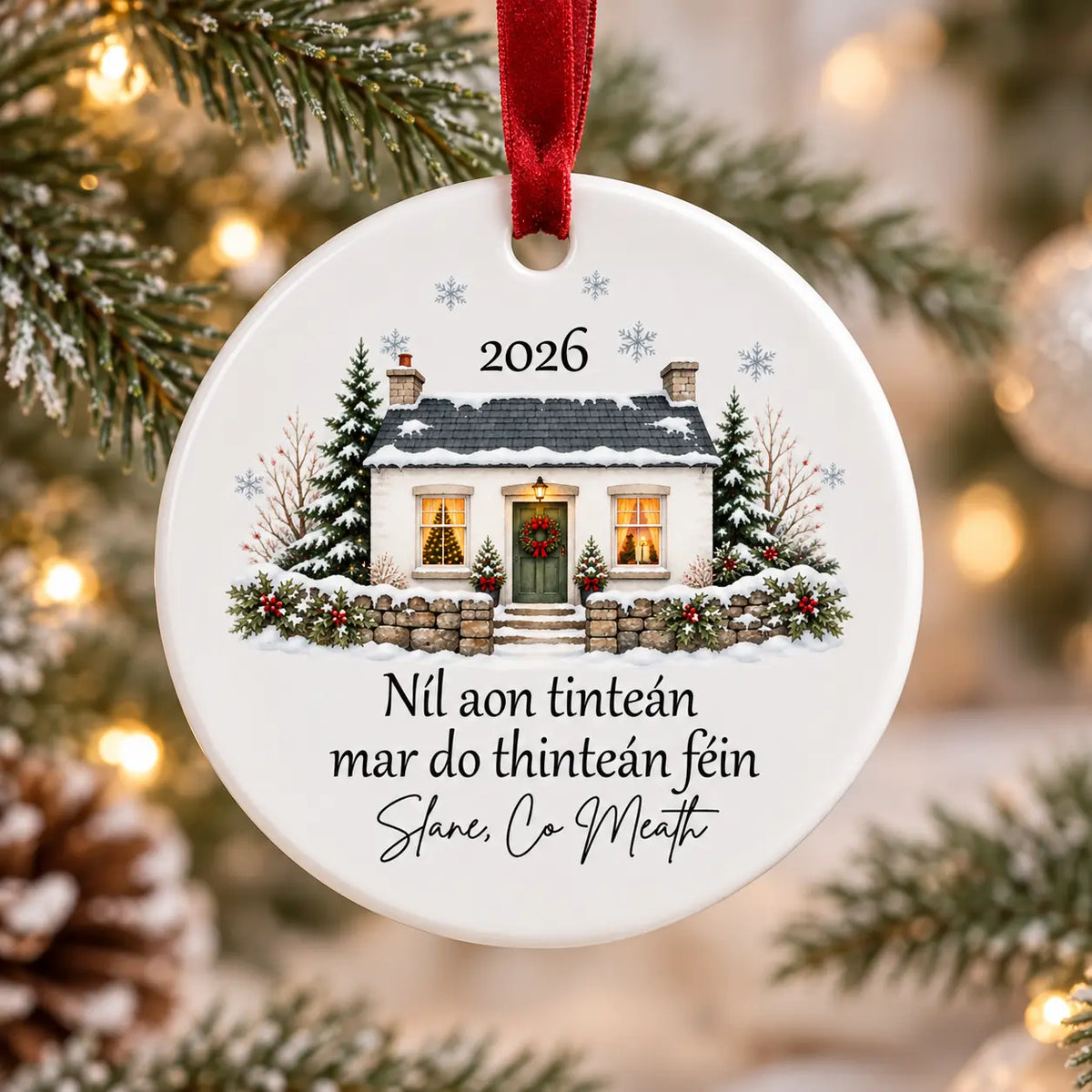 Personalised Irish Christmas ceramic decoration with snowy cottage, Irish saying and Slane Co. Meath location