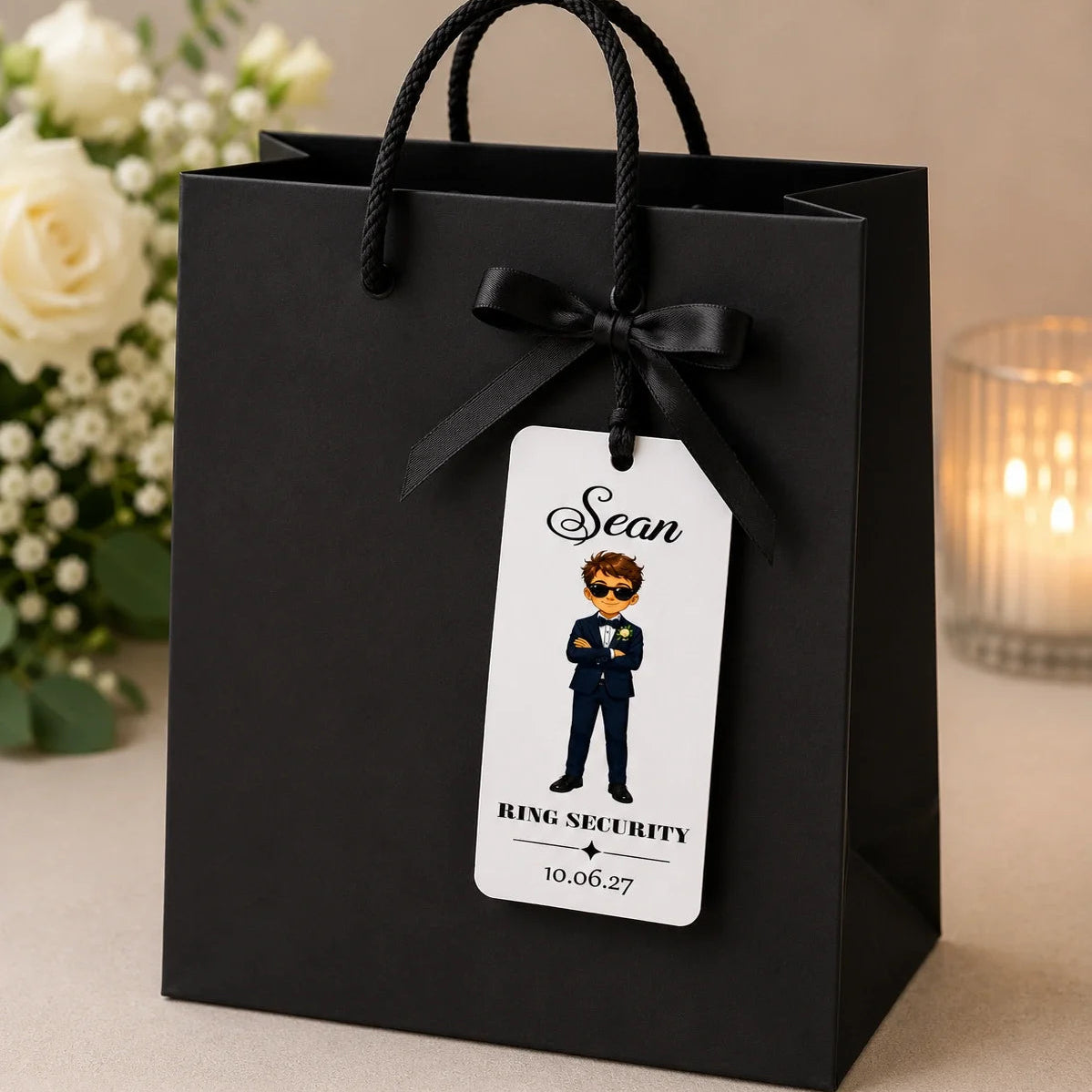 Personalised Page Boy wedding gift tag featuring child's name, Ring Security title and wedding date attached to a black gift bag