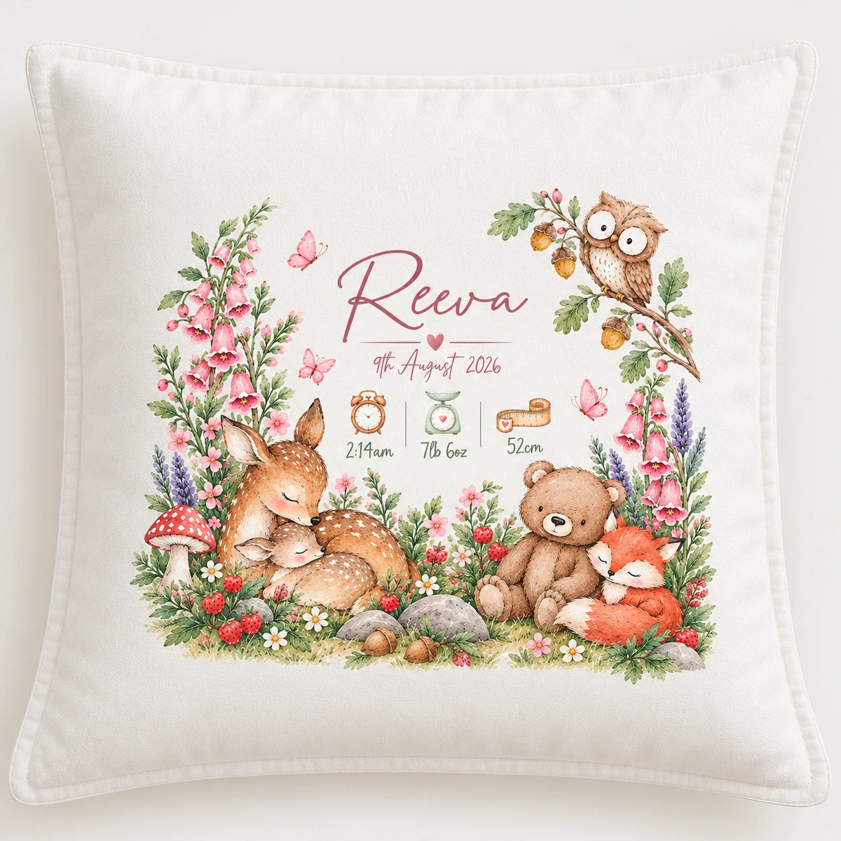 Personalised white velvet baby birth cushion with pink woodland animals, name, date of birth, time, weight and length, 45 × 45 cm.
