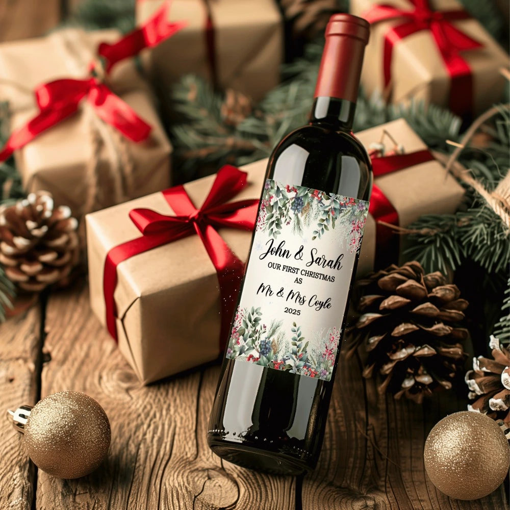 Personalised Christmas wine bottle label with festive red berry wreath design, customisable with names and text, shown on a wine bottle surrounded by Christmas gifts and pinecones.