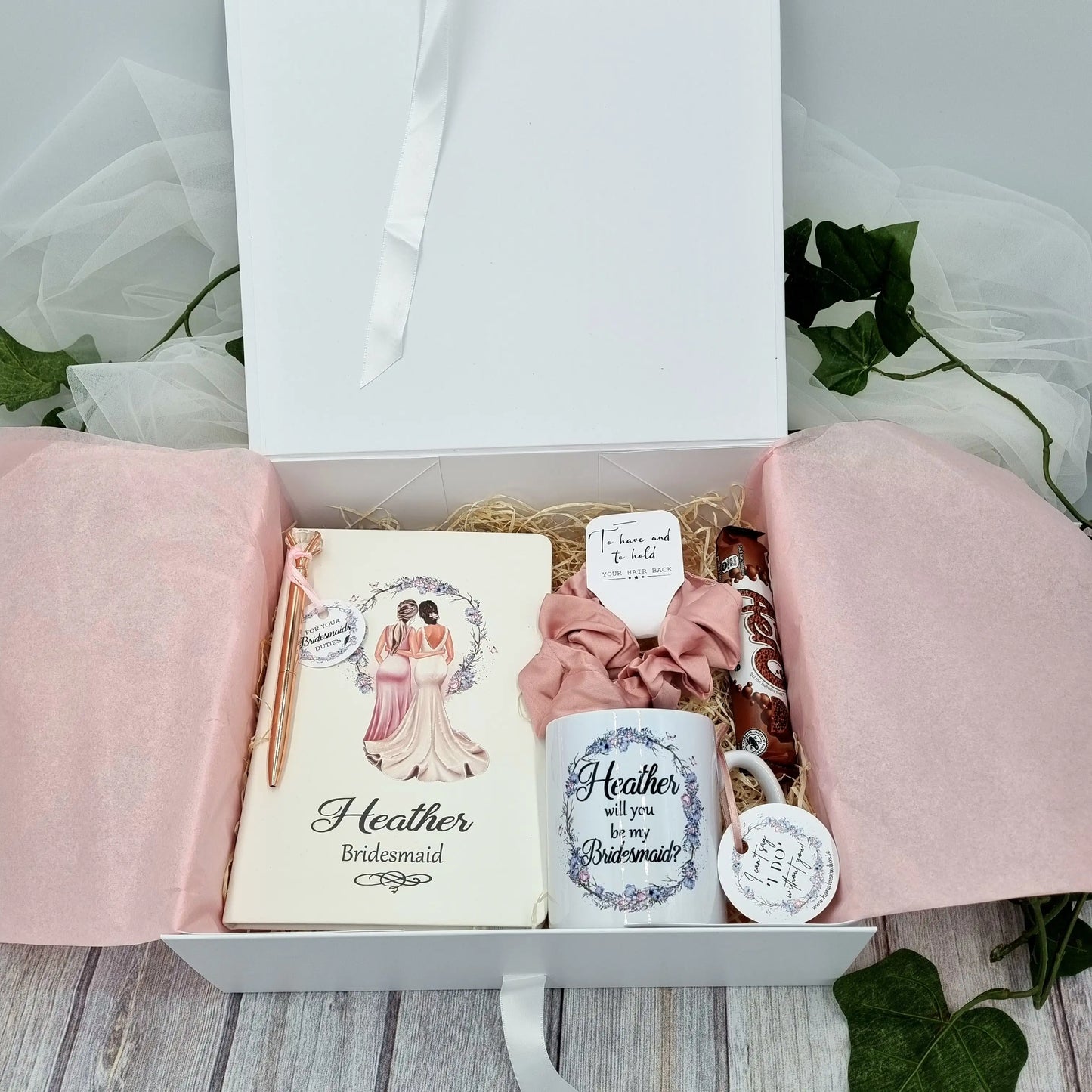 hanaLee's personalised bridesmaid proposal gift set with notebook, mug, pen, chocolate and scrunchie.