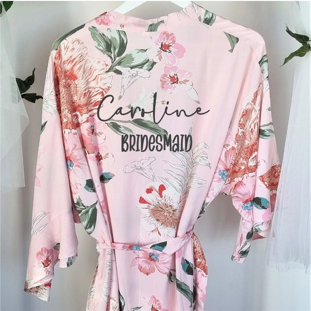 Dusty Pink floral pattern robe with bridesmaid details printed on the back