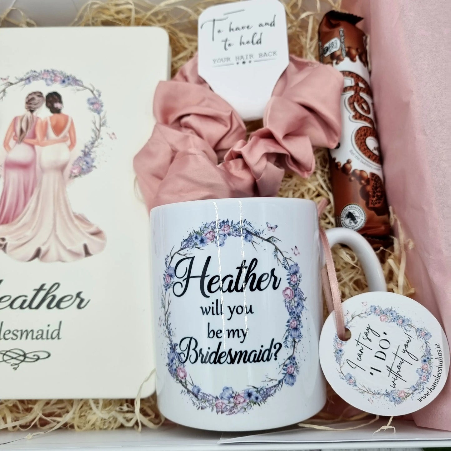 Bridemaid proposal gift set with mug, chocolate, scrunchie in gift box.