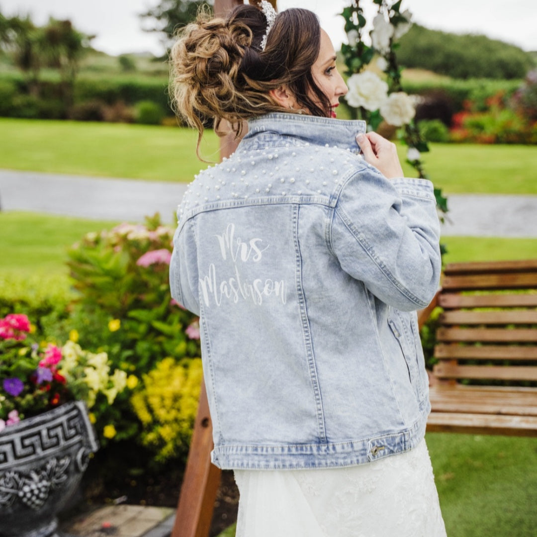 Personalised Bridal Denim Jacket with Pearls | Printed in Ireland