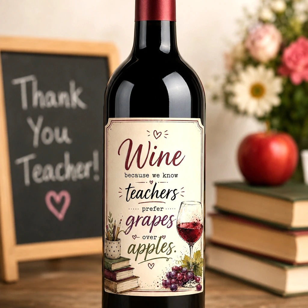 Teacher wine bottle label gift pack featuring funny thank you teacher design for end of school year gifts
