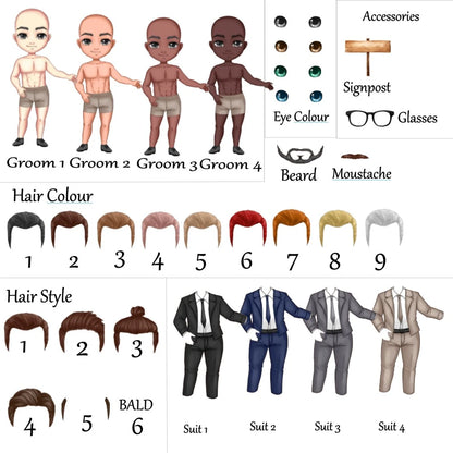 Wedding groom characters with choice of suit, hair colour and all other options