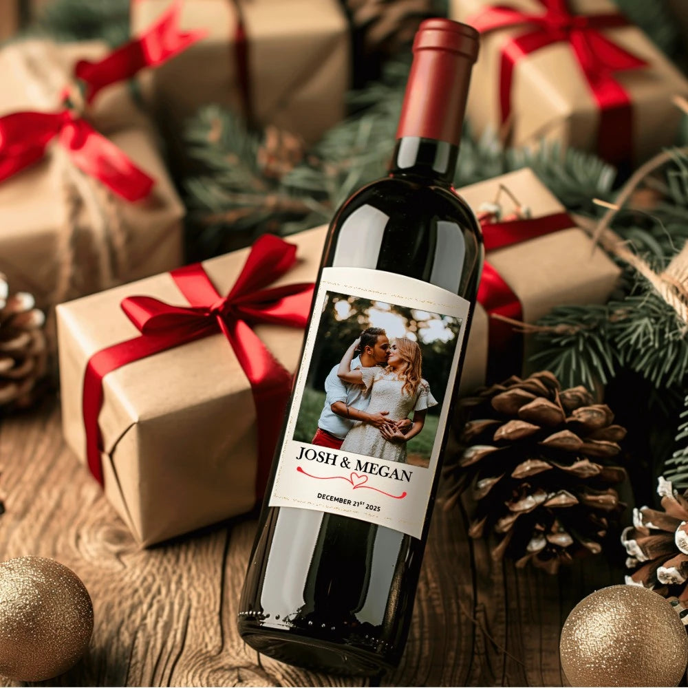 Personalised wine bottle label featuring couple’s photo, names, and date. Custom label for wine, prosecco, or mini snipe bottles. Handmade in Ireland.