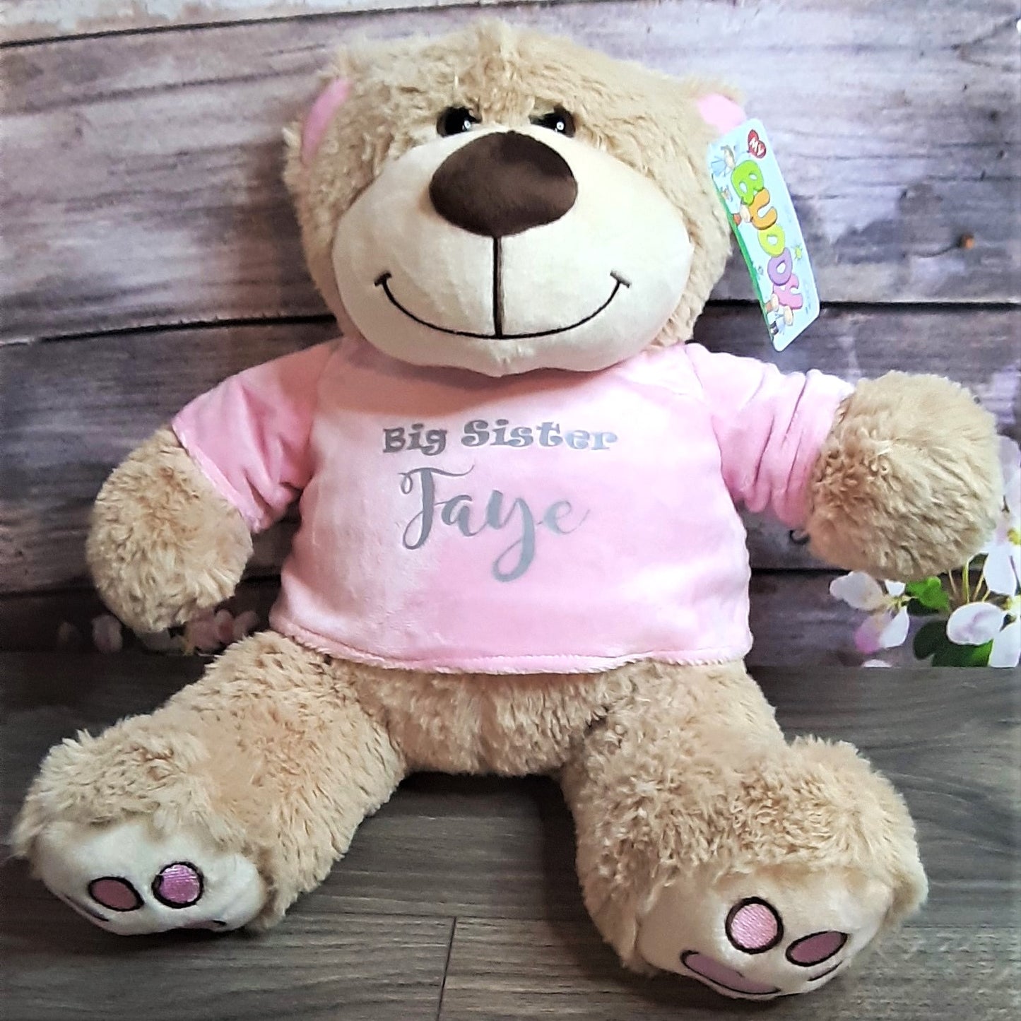 large personalised t shirt teddy bear with blue or pink t shirt. Persoanlised with child's name or can be done with a message such as flowergirl or pageboy proposals.