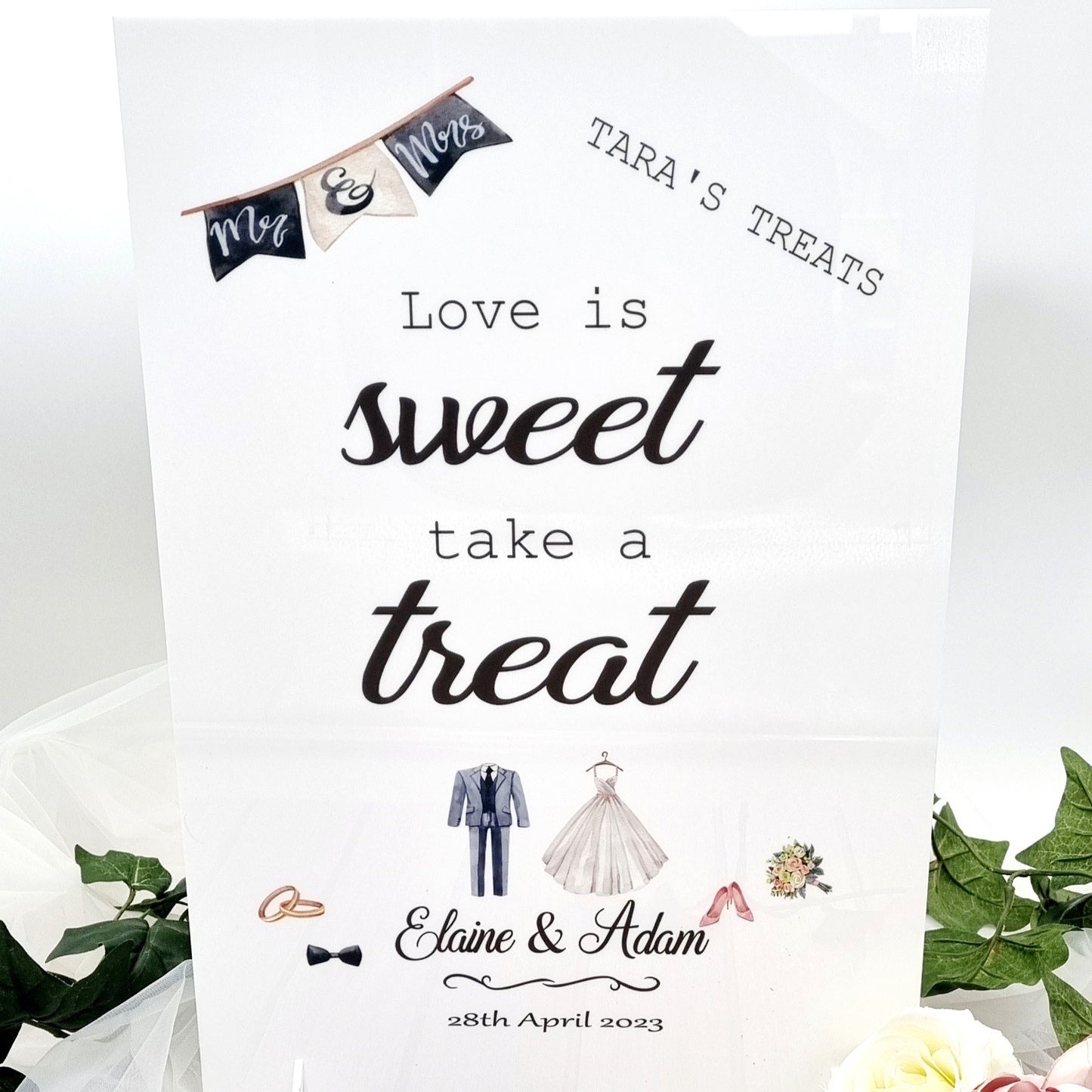 Personalised A3 white acrylic sign - we can make this with any text such as sign our guest book , treat table or gin bar etc.