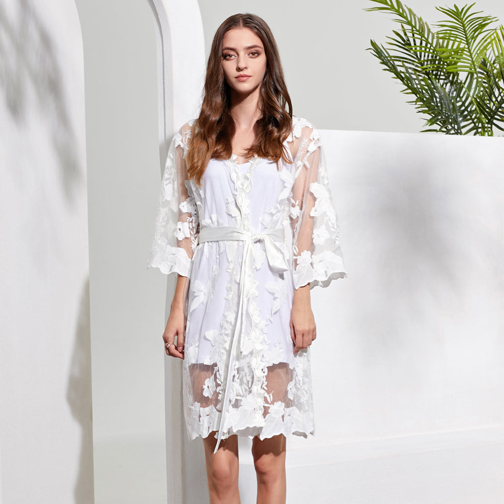 Embroidered White Lace bridal Robe