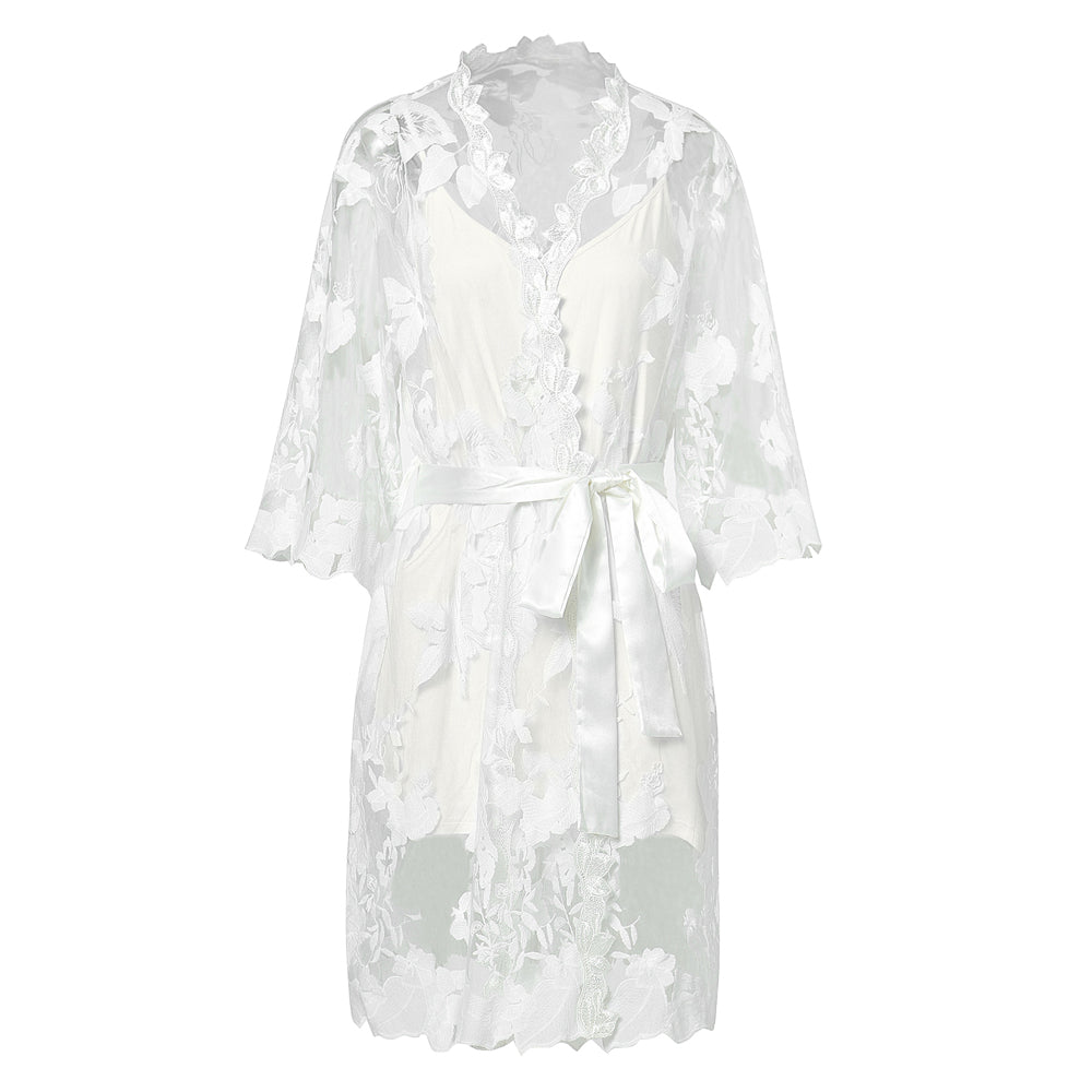 Embroidered White Lace bridal Robe