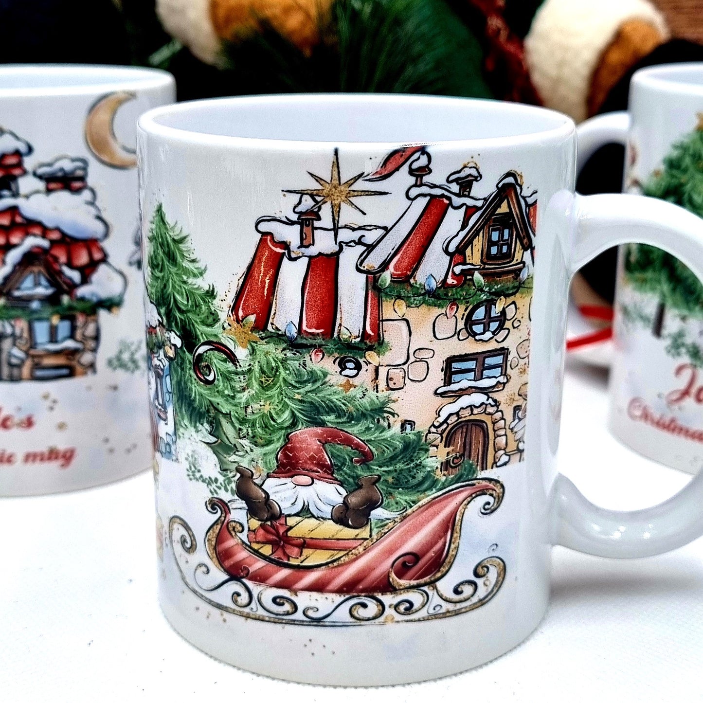 White Christmas scene mug personalised with name and Christmas movie mug