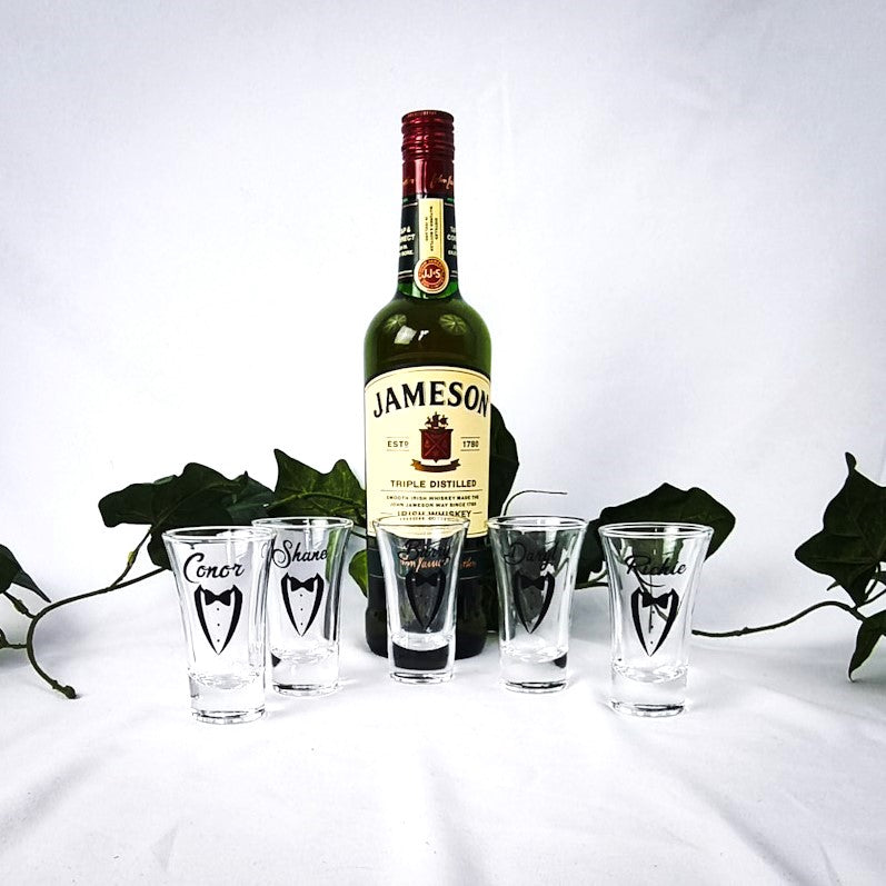 Wedding shot glasses with black tuxedo design and personalised with name for your groom groomsman bestman