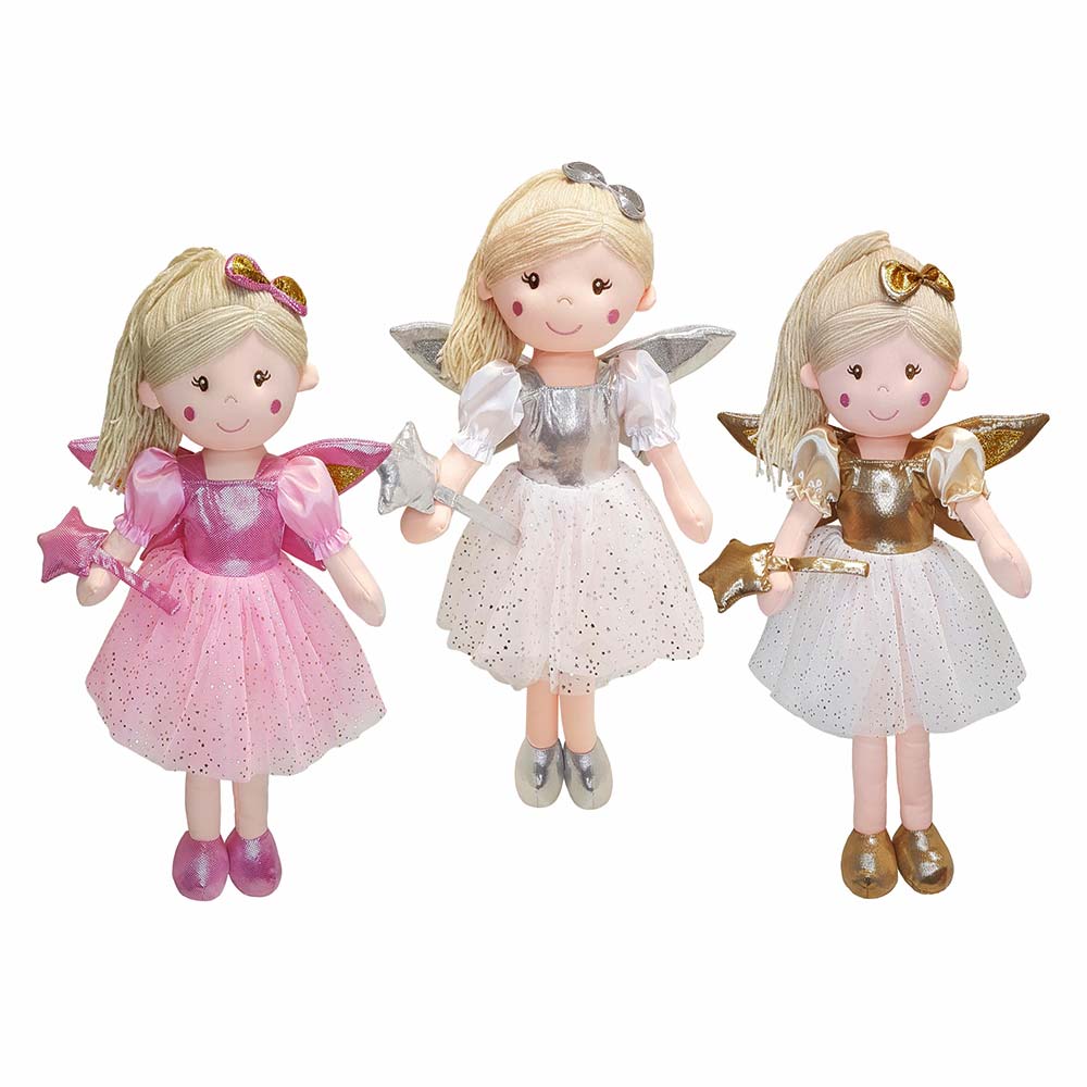 HanaLee's personalised fairy rag dolls are larger than you think. Measuring 60cm with a beaitufl pink, silver or gold dress with childs name. All dolls have blonde hair.