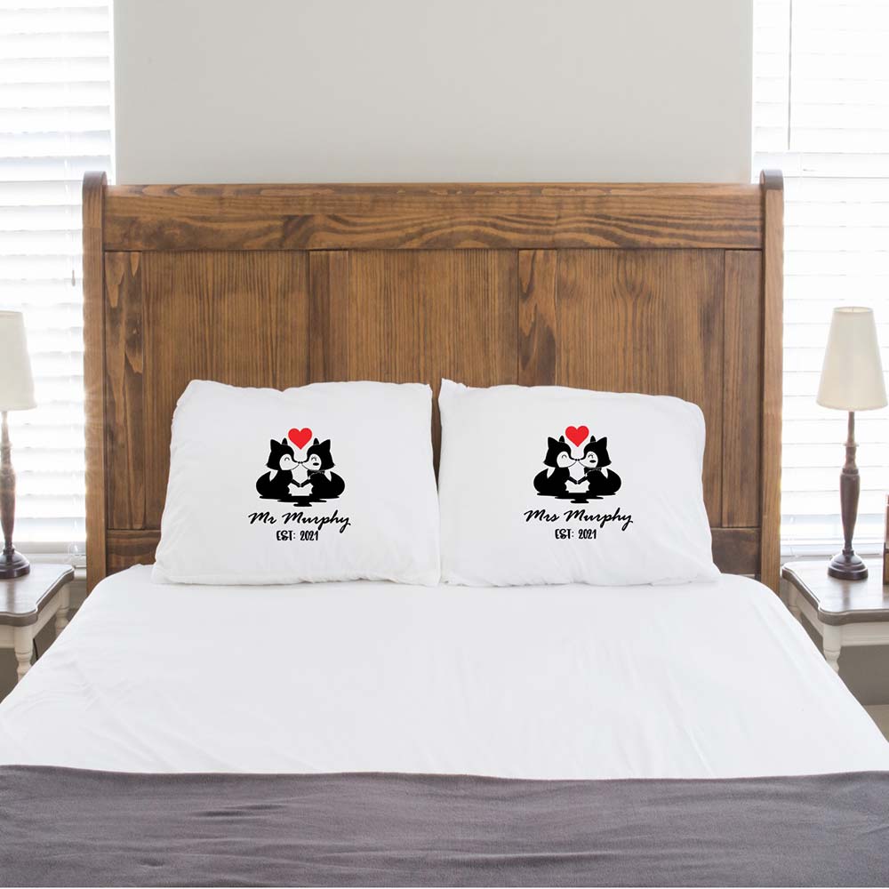 Wedding Couple pillowcases with cartoon fox couple red hearts and personalised with names