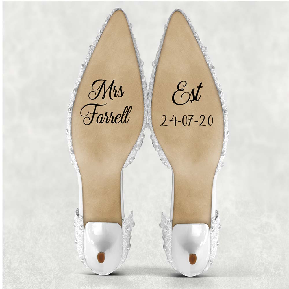 Personalised vinyl for wedding shoes with name and date