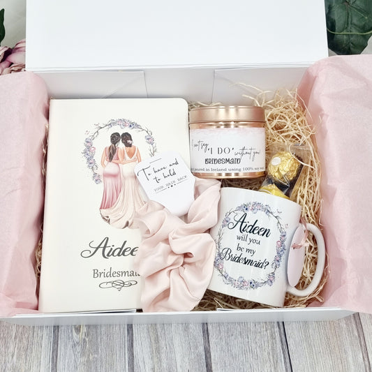 HanaLee's bridesmaid proposal gift set with personalised hair colours, name and title. Sets feature a matching mug, notebook, scrunchie , candle and chocolates. 
