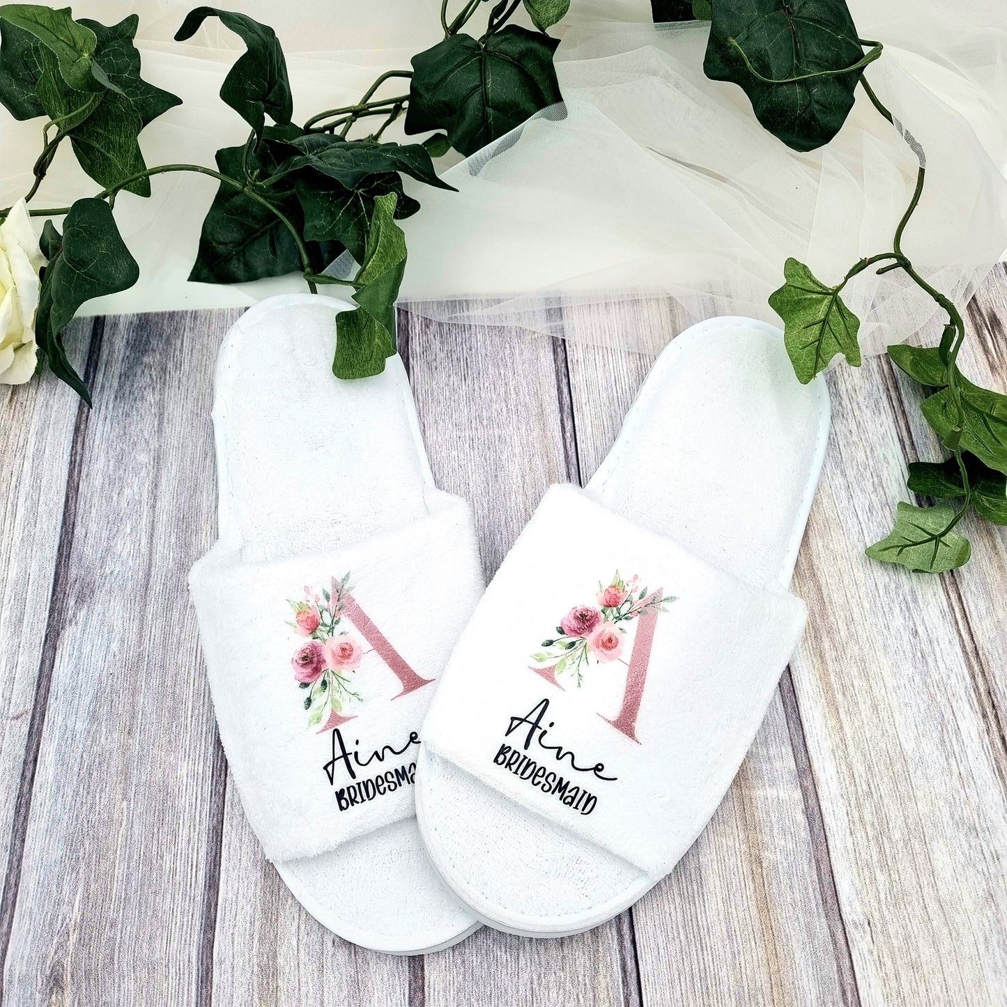 HanaLee's white bridal slippers with pink initial design and personalised with name and title