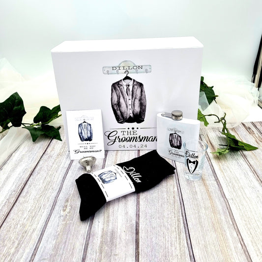 Groom bestman or groomsman gift set with personalised gift box, flask, socks and shot glass. 