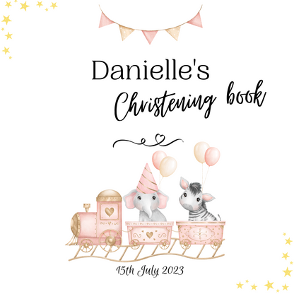 Personalised animal train christening memory book and sign bundle