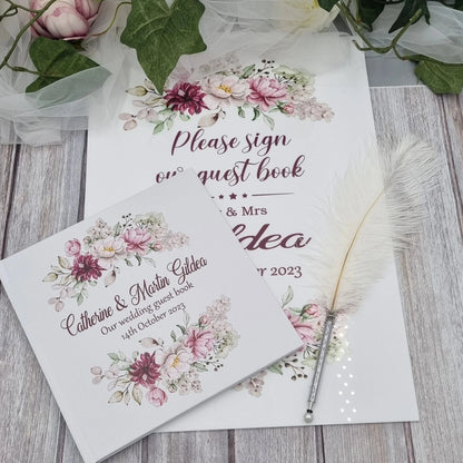 Personalised wedding guest book with pink and burgundy floral details with couples name and wedding date. Matching A3 Acrylic Sign 