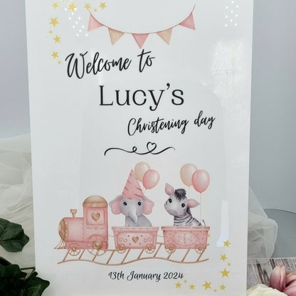 Personalised animal train christening memory book and sign bundle