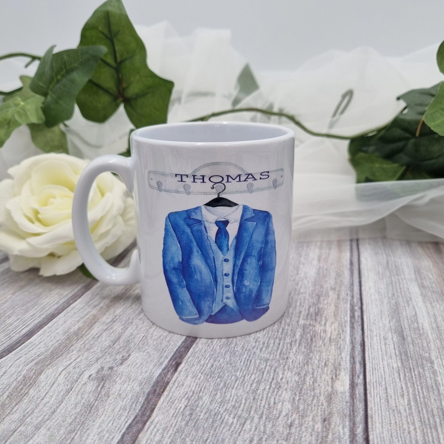 Personalised mug for father of the bride with date and name and design of navy blue suit