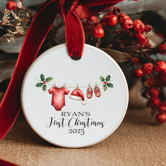Personalised baby’s first Christmas 2025 ceramic ornament with red velvet ribbon