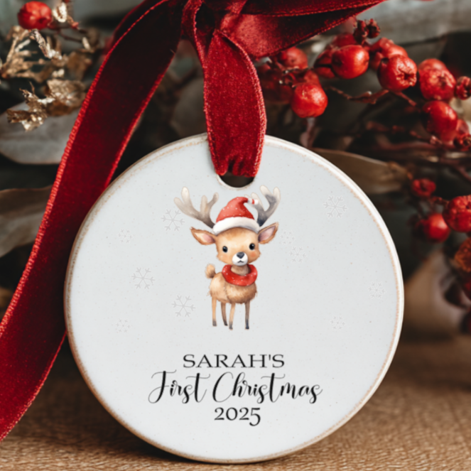 Ceramic Christmas decoration featuring cute reindeer and baby’s name