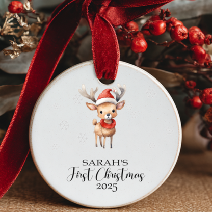 Ceramic Christmas decoration featuring cute reindeer and baby’s name