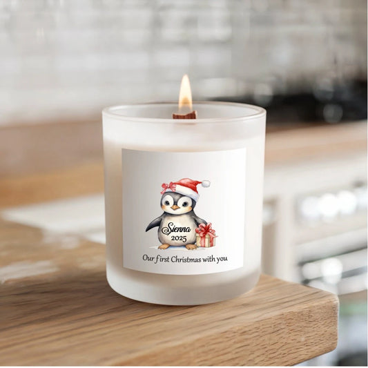 Personalised Baby’s First Christmas Soy Candle – Penguin Design 2025