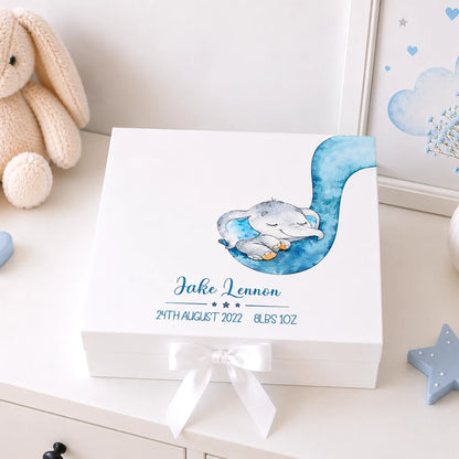White keepsake box with blue elephant design and personalised with baby details. 