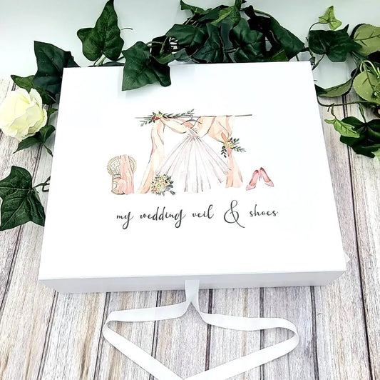 Large white luxury gift box with image of wedding dress and shoes for storing your wedding veil, shoes or anything else from your wedding day