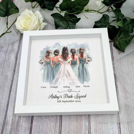 Personalised bride and bridesmaid frame with sage green dresses, names underneath and wedding date. 