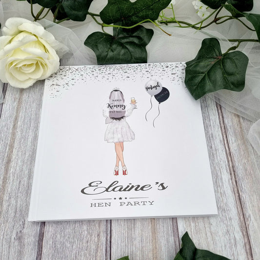 Personalised hen party keepsake book featuring a bride illustration on the front cover, with space to add the bride's name and party details. Perfect for capturing memories and messages from friends during the celebration