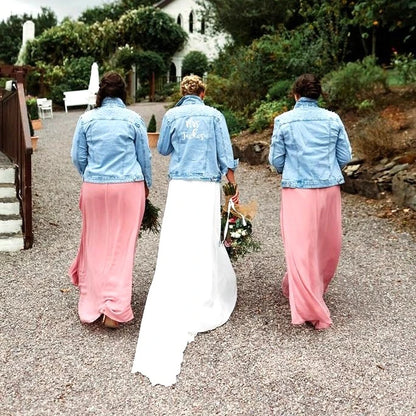 Stunning personalised pearl embellished denim jacket for bride and bridesmaids