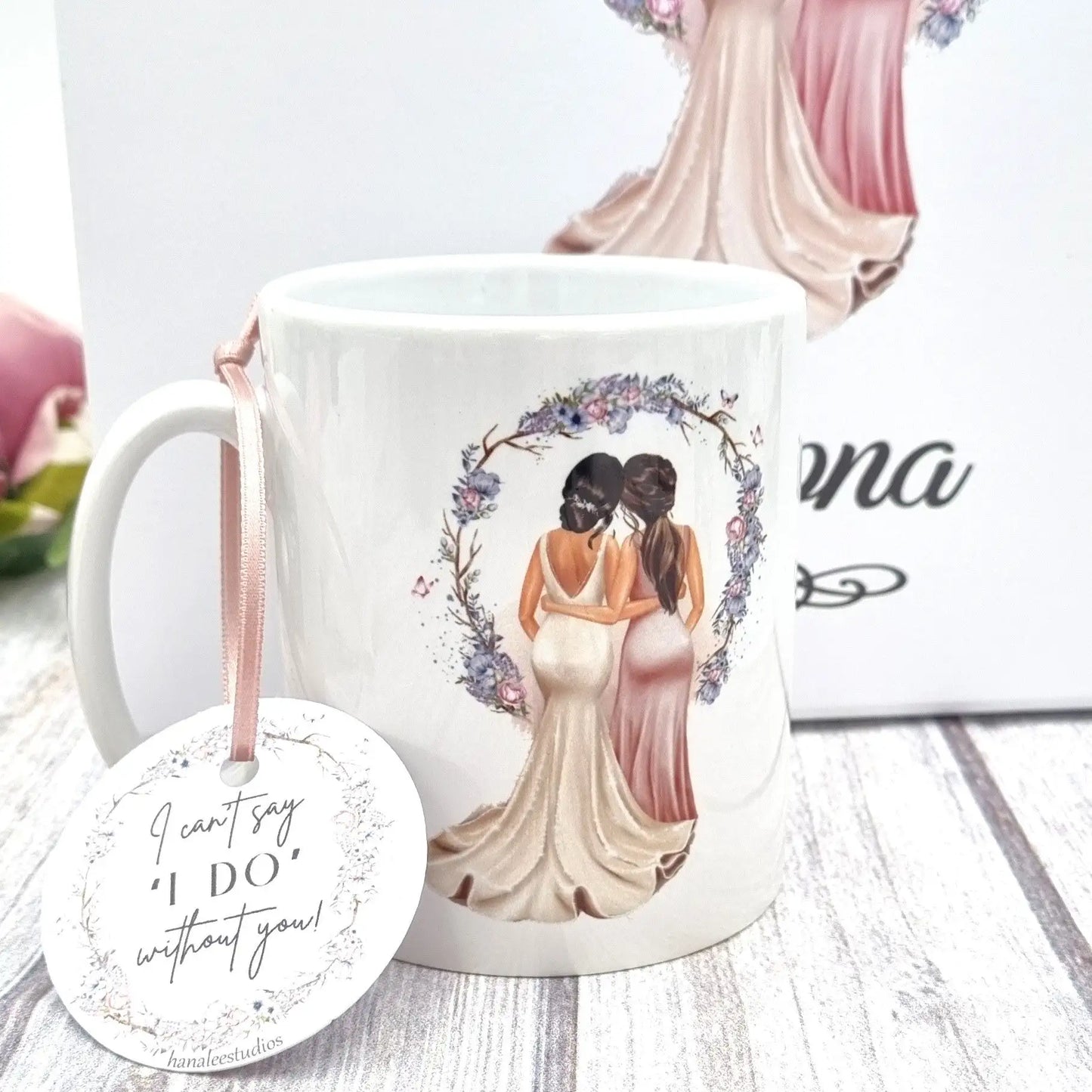 Bridesmaid proposal mug with picture of bride and bridemaid with personalised hair colour and names. 