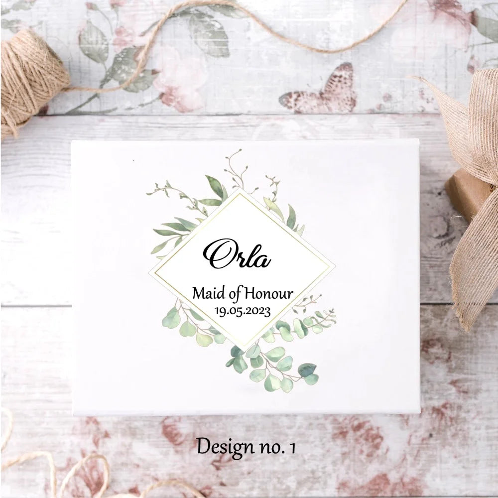 Custom white gift box with eucalyptus square wreath design and name and title
