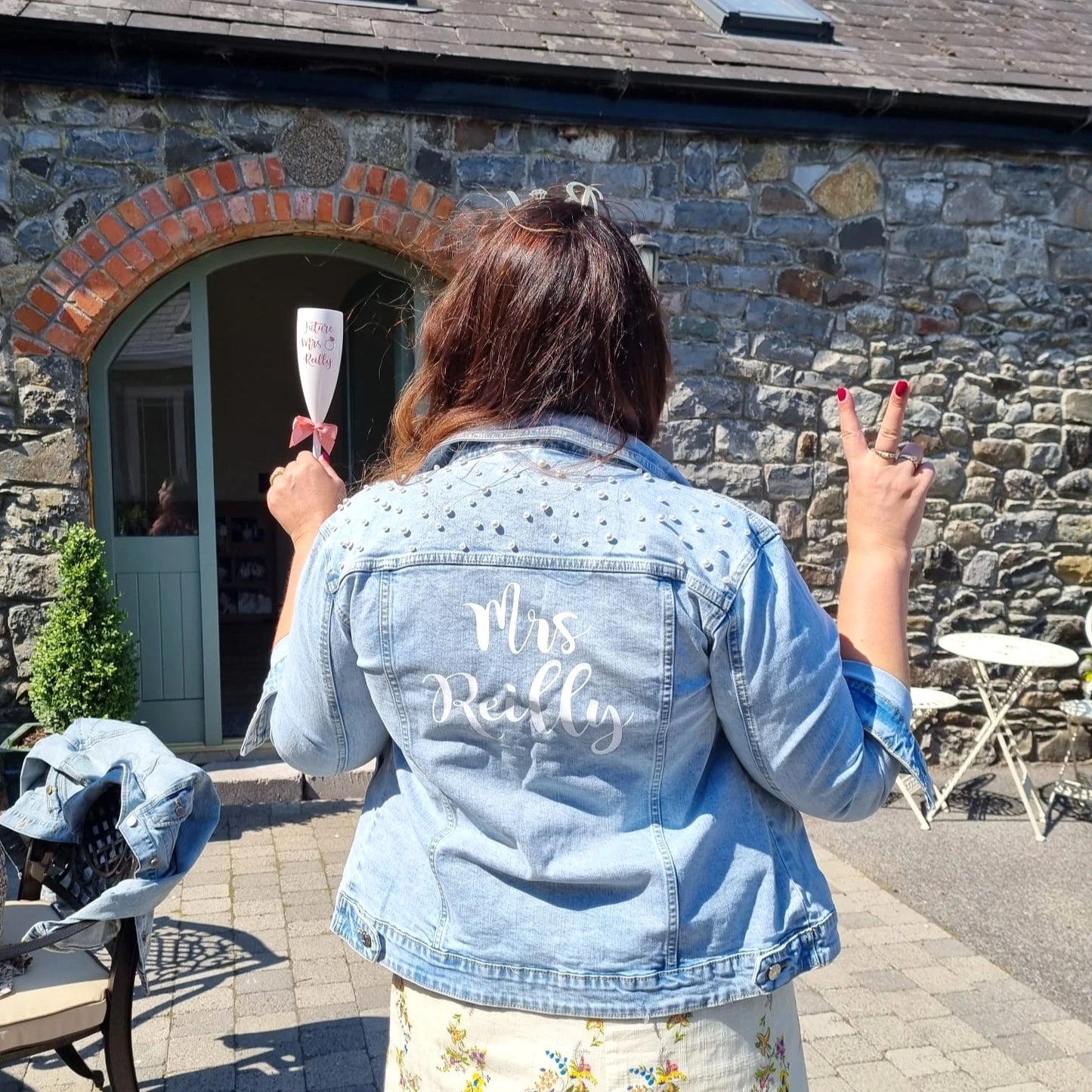 Beautiful pearl embellished denim jacket personalised for the bride to be on her hen party