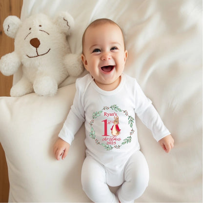 Personalised Baby’s First Christmas babygro, vest & bib bundle with bunny and holly wreath design – handmade in Ireland
