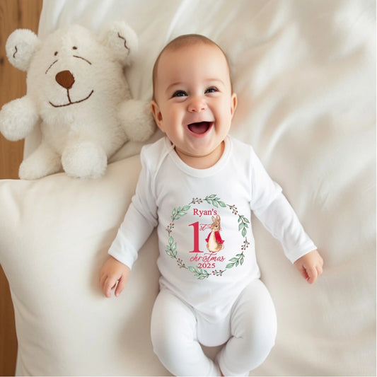 Personalised Baby’s First Christmas babygro, vest & bib bundle with bunny and holly wreath design – handmade in Ireland