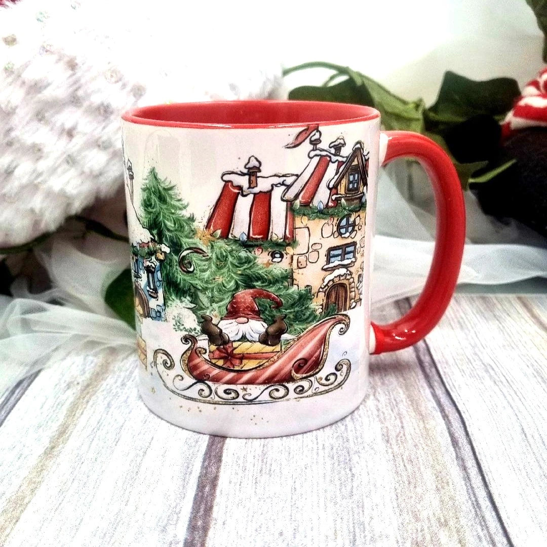 White Christmas mug with red handle and interior, personalised and printed in Ireland.