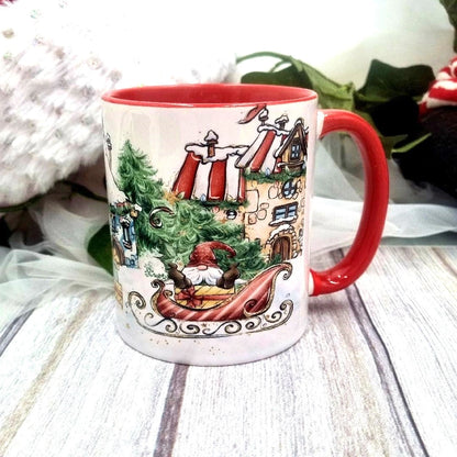 White Christmas mug with red handle and interior, personalised and printed in Ireland.
