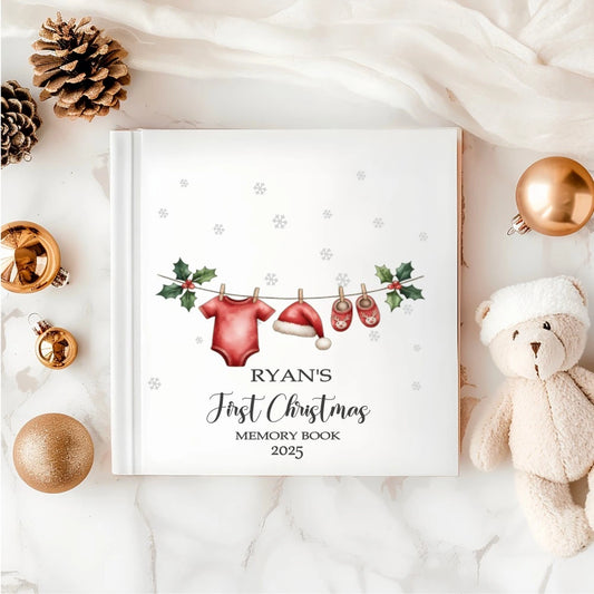 Personalised Baby’s First Christmas Memory Book with festive clothesline design – white hardback keepsake, handmade in Ireland